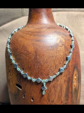 Sterling-Style Green Crystal Beaded Necklace with Silver-Tone Accents